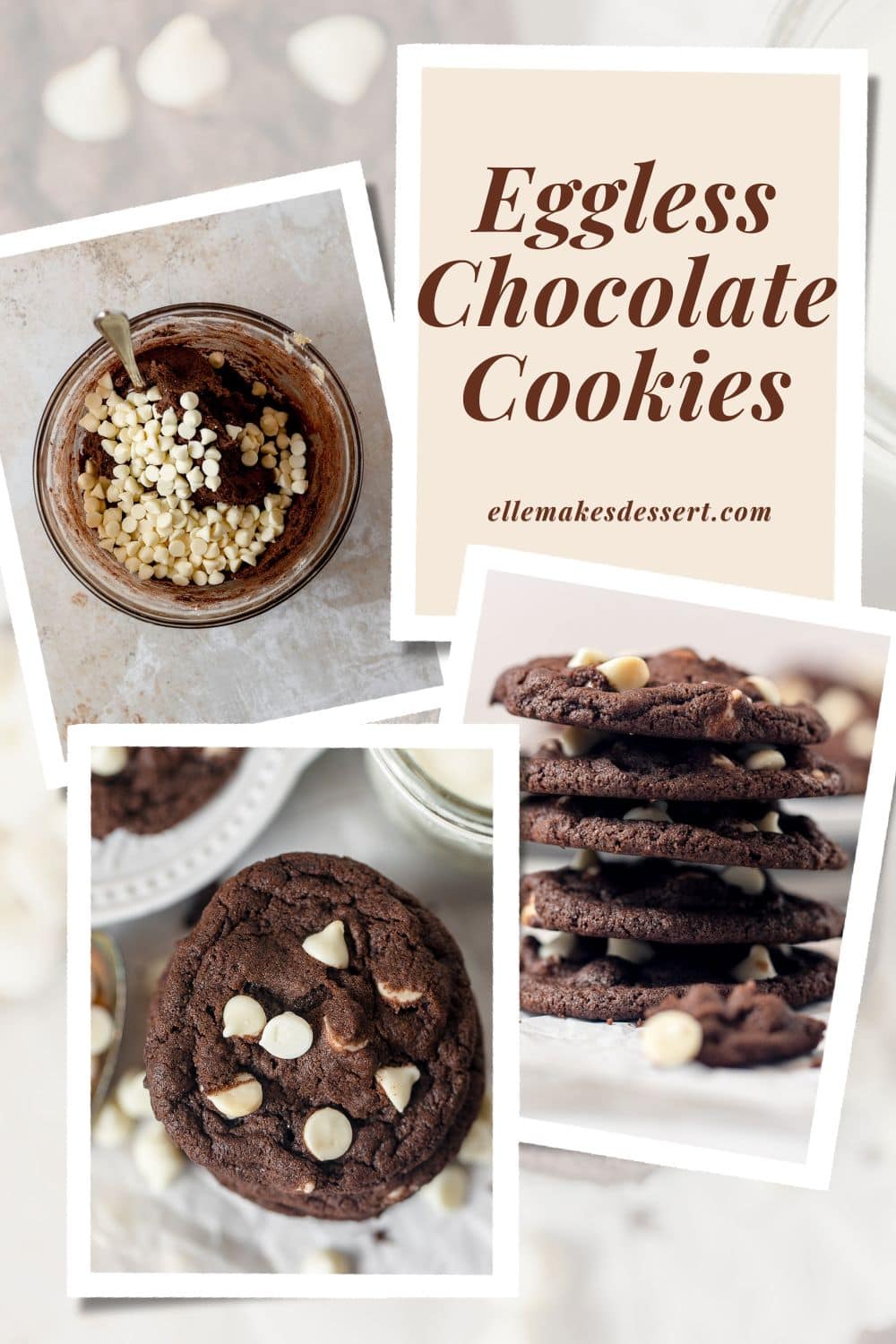 Three photos of chocolate cookies with white chips with the words, "Eggless Chocolate Cookies".