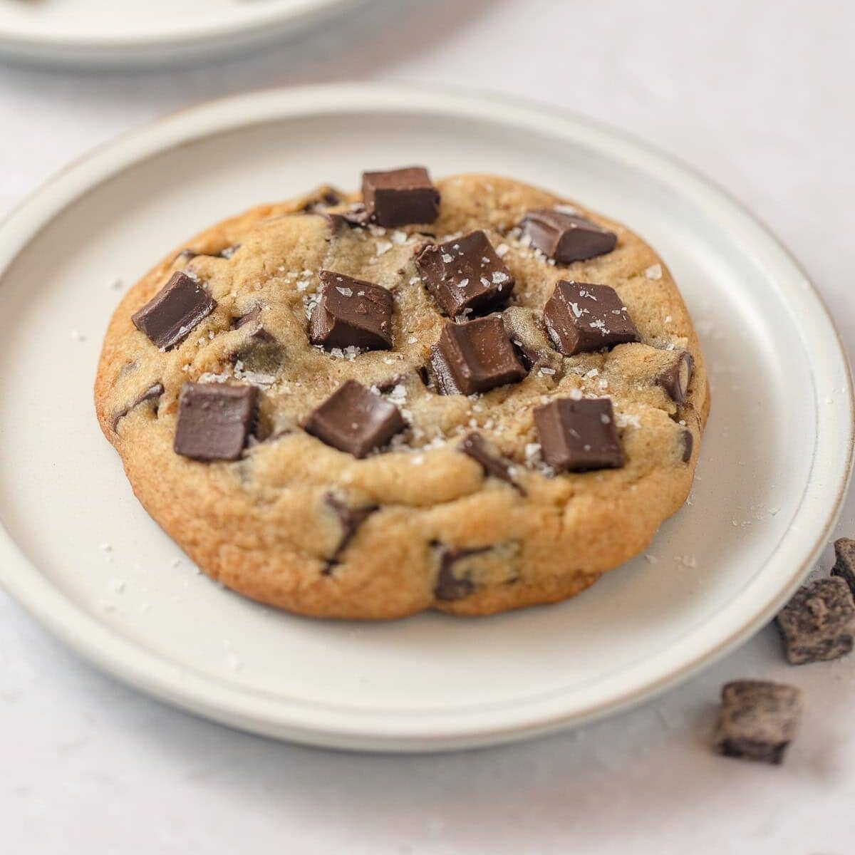 A semi-sweet chocolate chunk cookie on a plate.