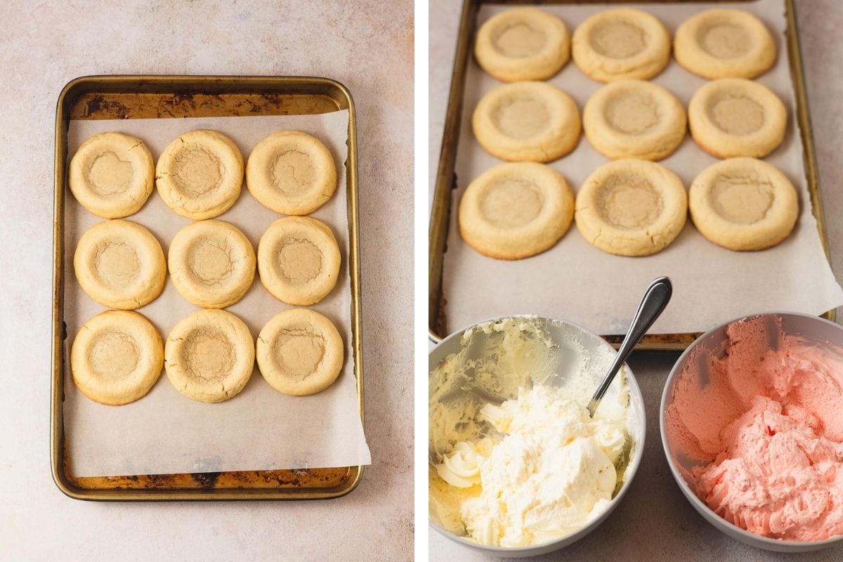 Photos of sugar cookies with divots to fill with mousse and then another view with bowls of banana and strawberry mousse.