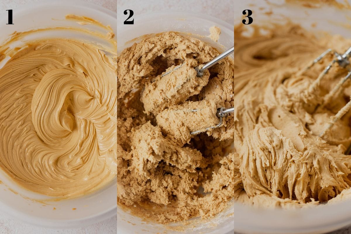 Three step-by-step photos of making peanut butter frosting.