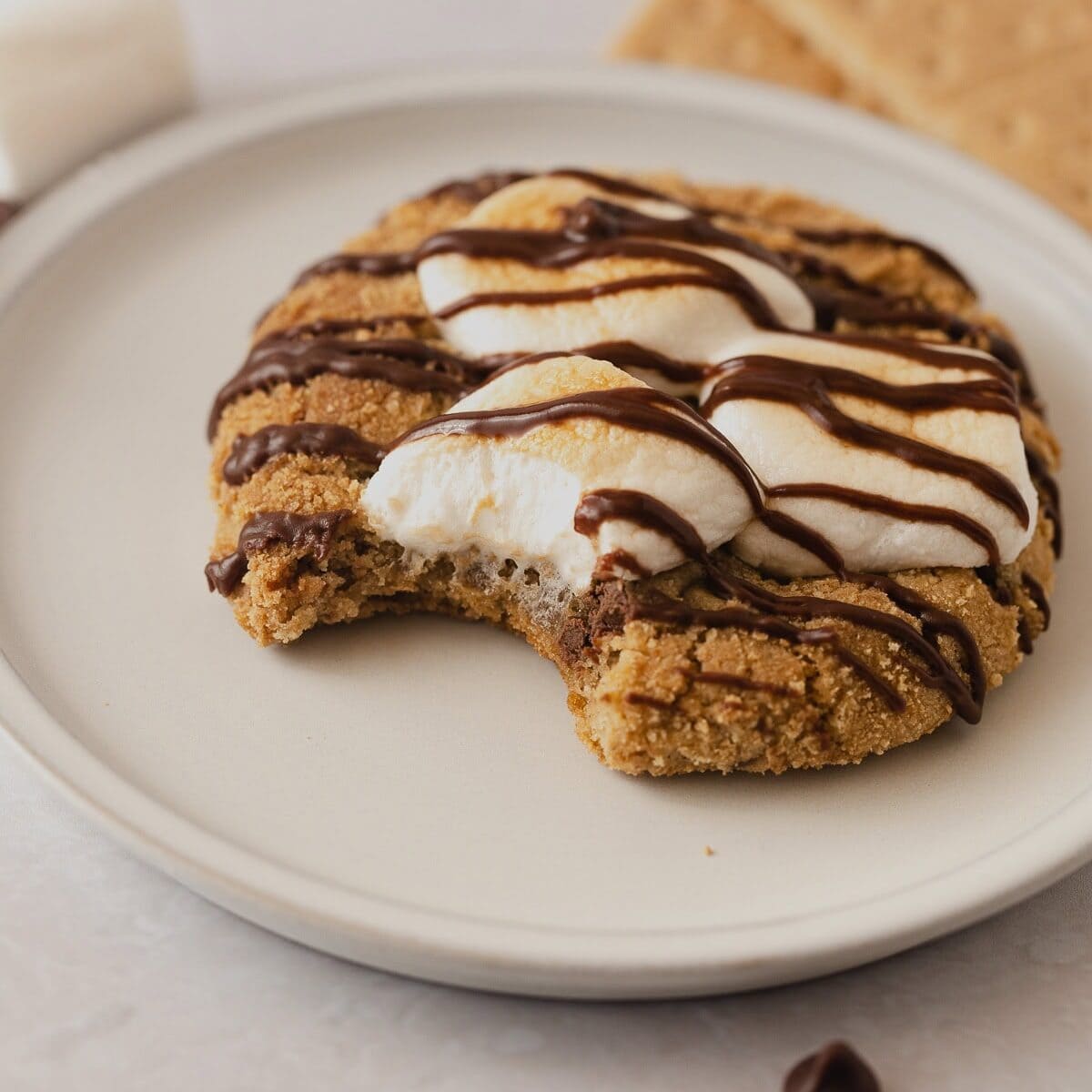 A large s'mores cookie on a plate with a bite removed.