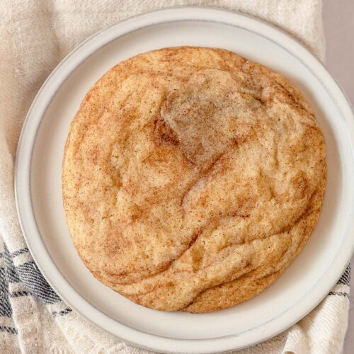 A large snickerdoodle cookie on a rustic plate.