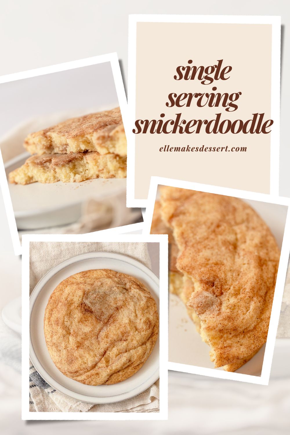 Three images of a snickerdoodle cinnamon sugar cookie with the words, "Single Serving Snickerdoodle".