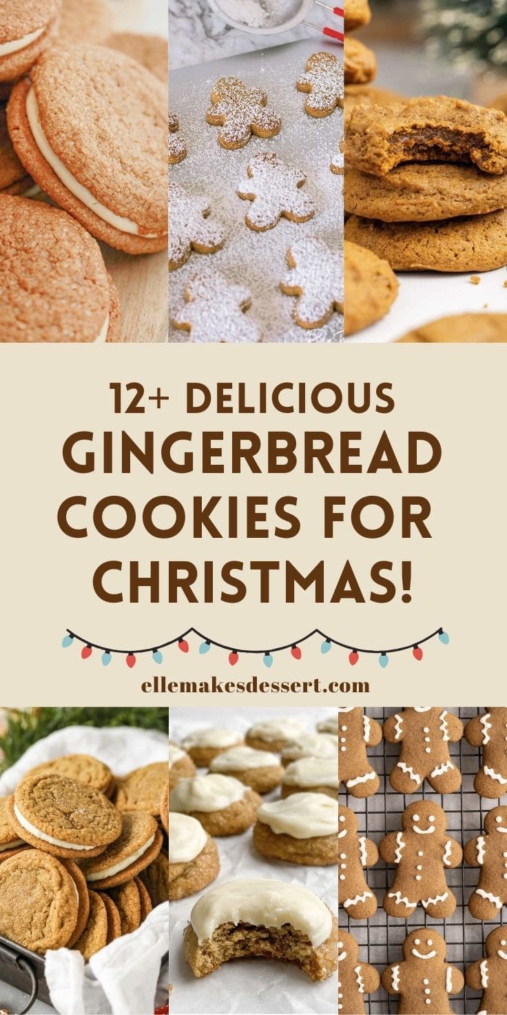A selection of gingerbread cookies including cut-out gingerbread men, frosted cookies, and sandwiches with the words, "12 Delicious Gingerbread Cookies for Christmas".