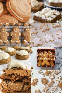Eight images of a variety of gingerbread cookies: sandwiches, bars with frosting, gingerbread men with white icing, stuffed cookies, and cut-out shapes decorated with white icing.