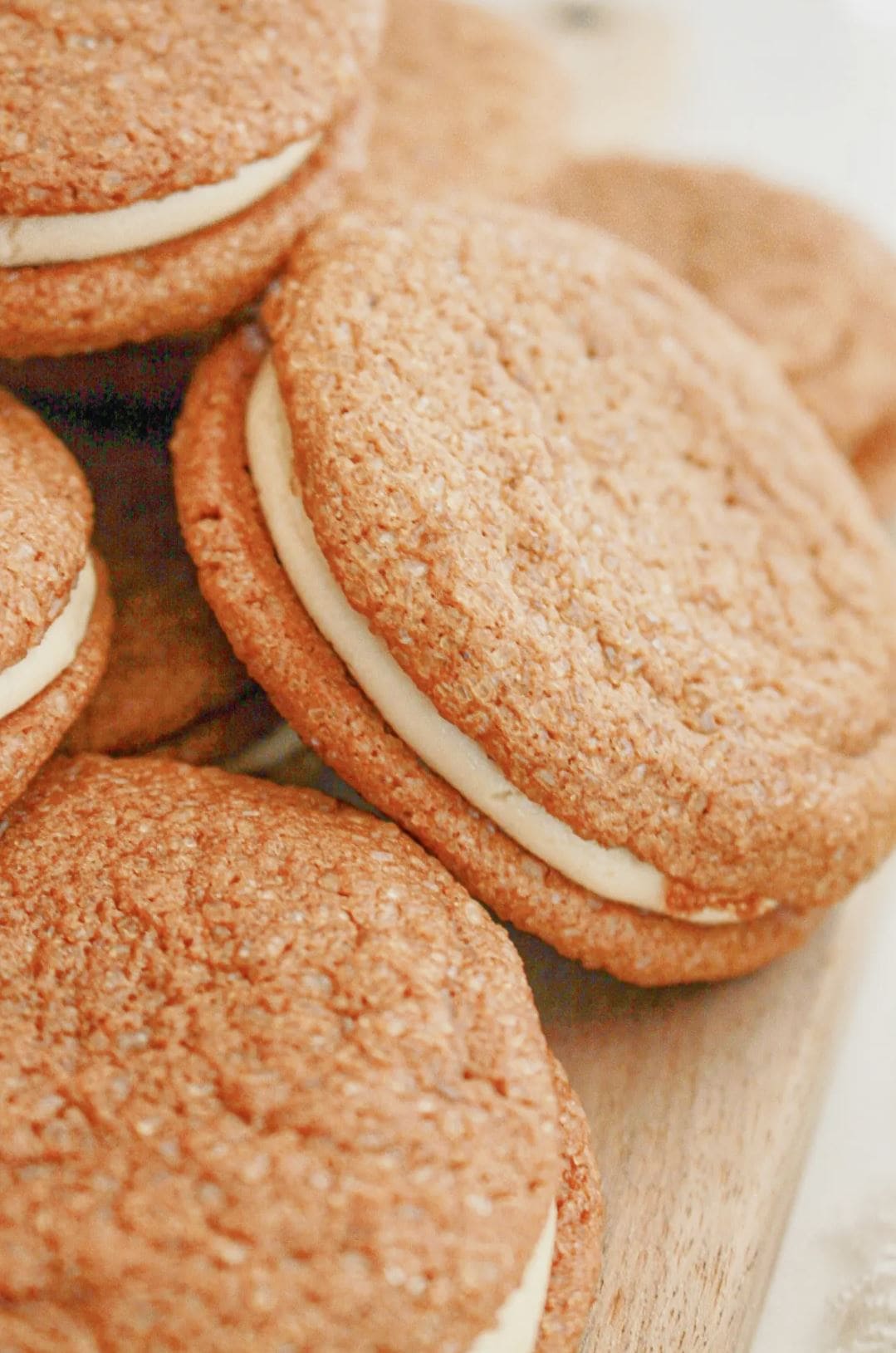 Round gingerbread sandwich cookies filled with a white frosting.