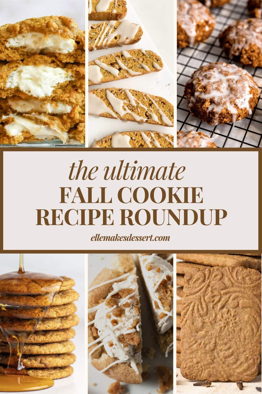 A selection of six different fall cookies with the words, "The Ultimate Fall Cookie Recipe Roundup".