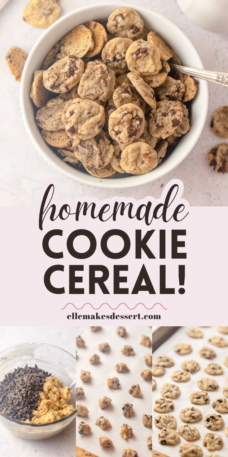 Mini cookies in a cereal bowl with the words, "homemade Cookie Cereal!"