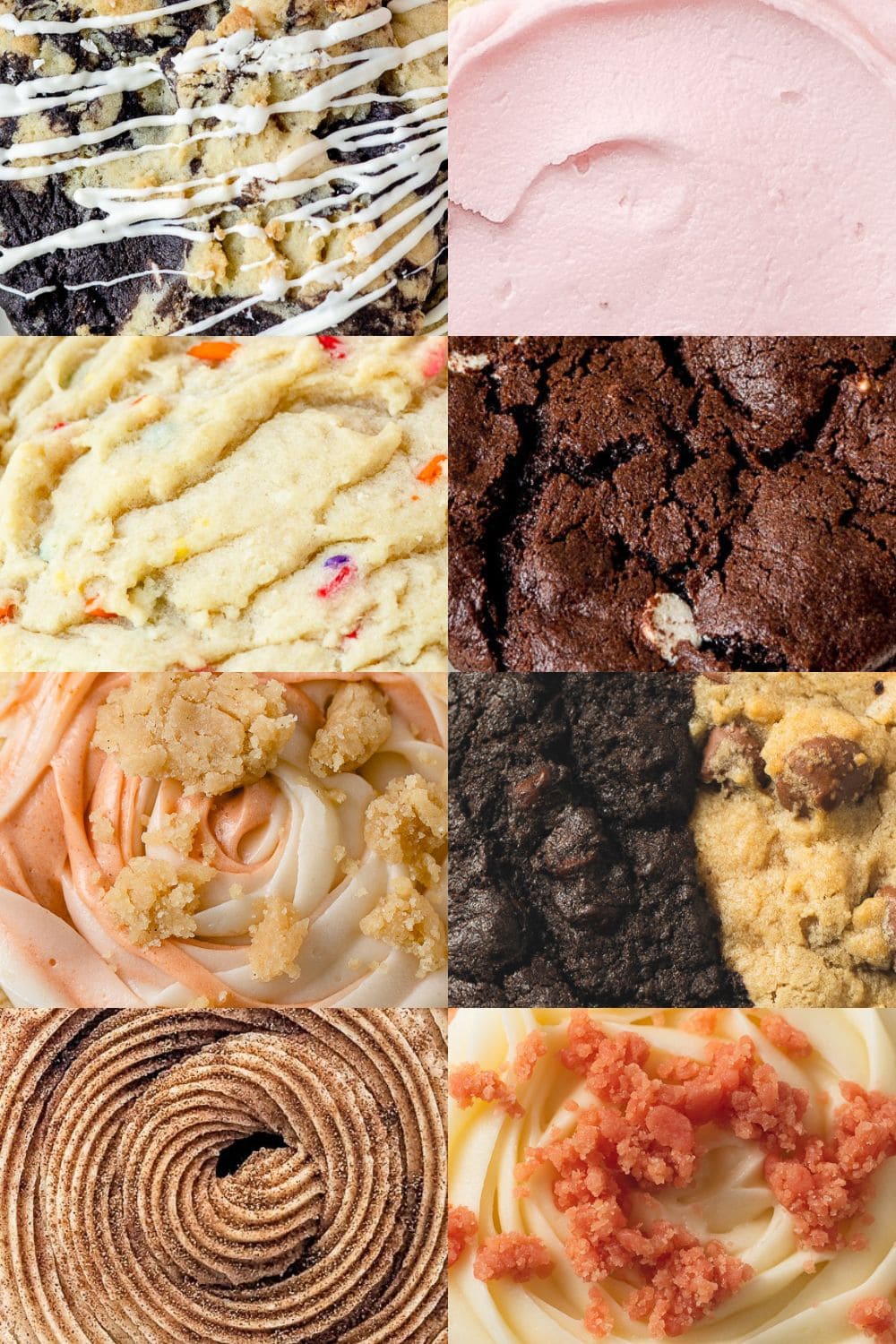 Eight closeup images of a variety of colorful Crumbl cookies.