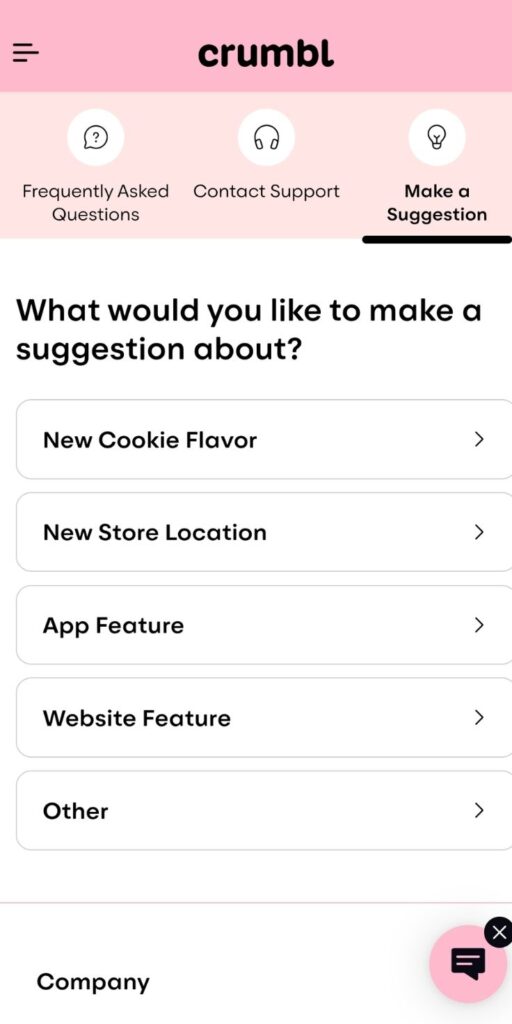 A screenshot of the Crumbl website where you can make suggestions for flavors and more.
