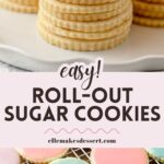 A stack of sugar cookies and a tray of round sugar cookies glazed with colorful icing with the words, "Easy Roll-Out Sugar Cookies".