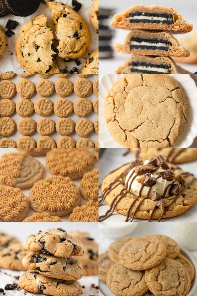 Eight photos of various peanut butter cookies.