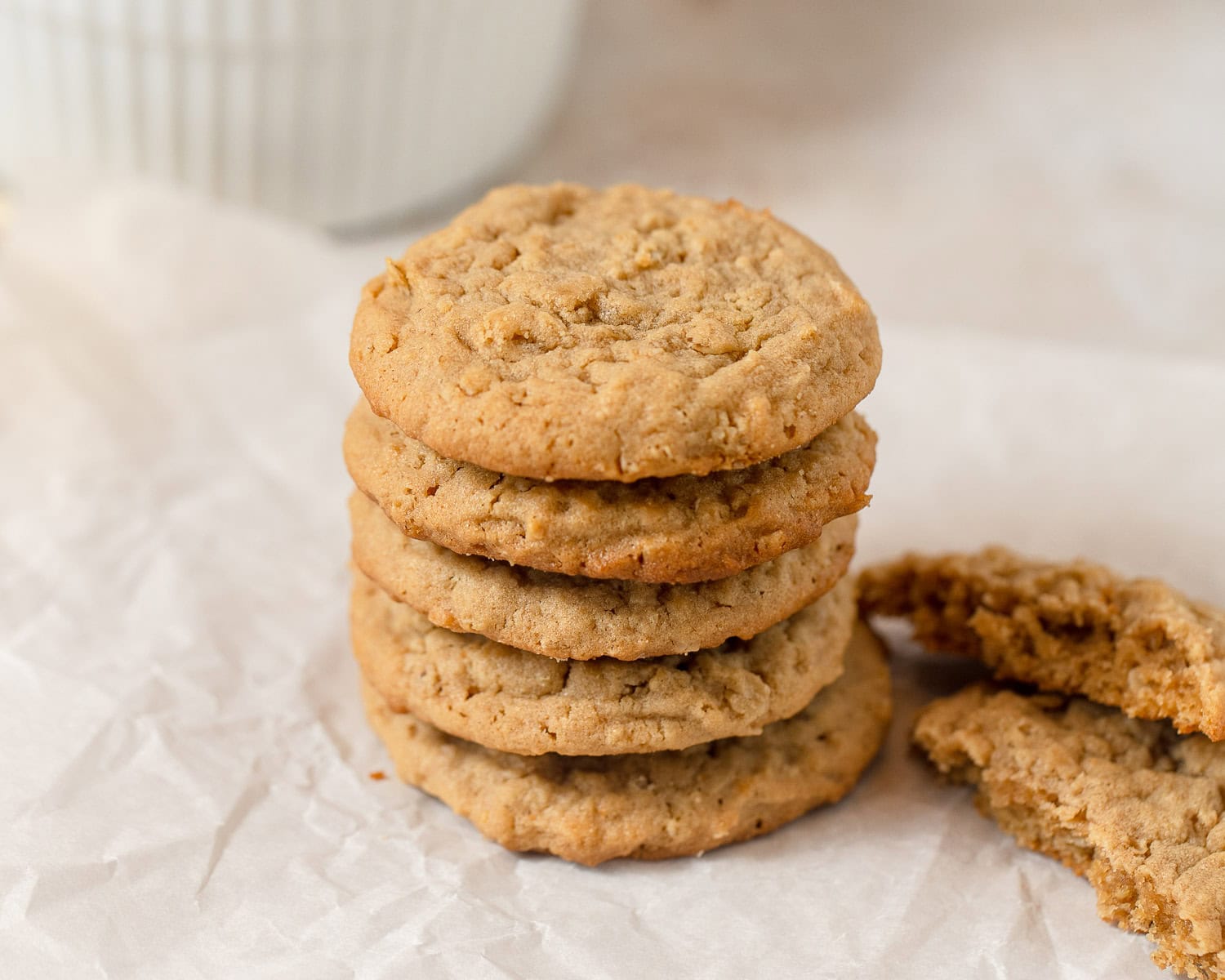 A stack of peanut butter oatmeal cookies.