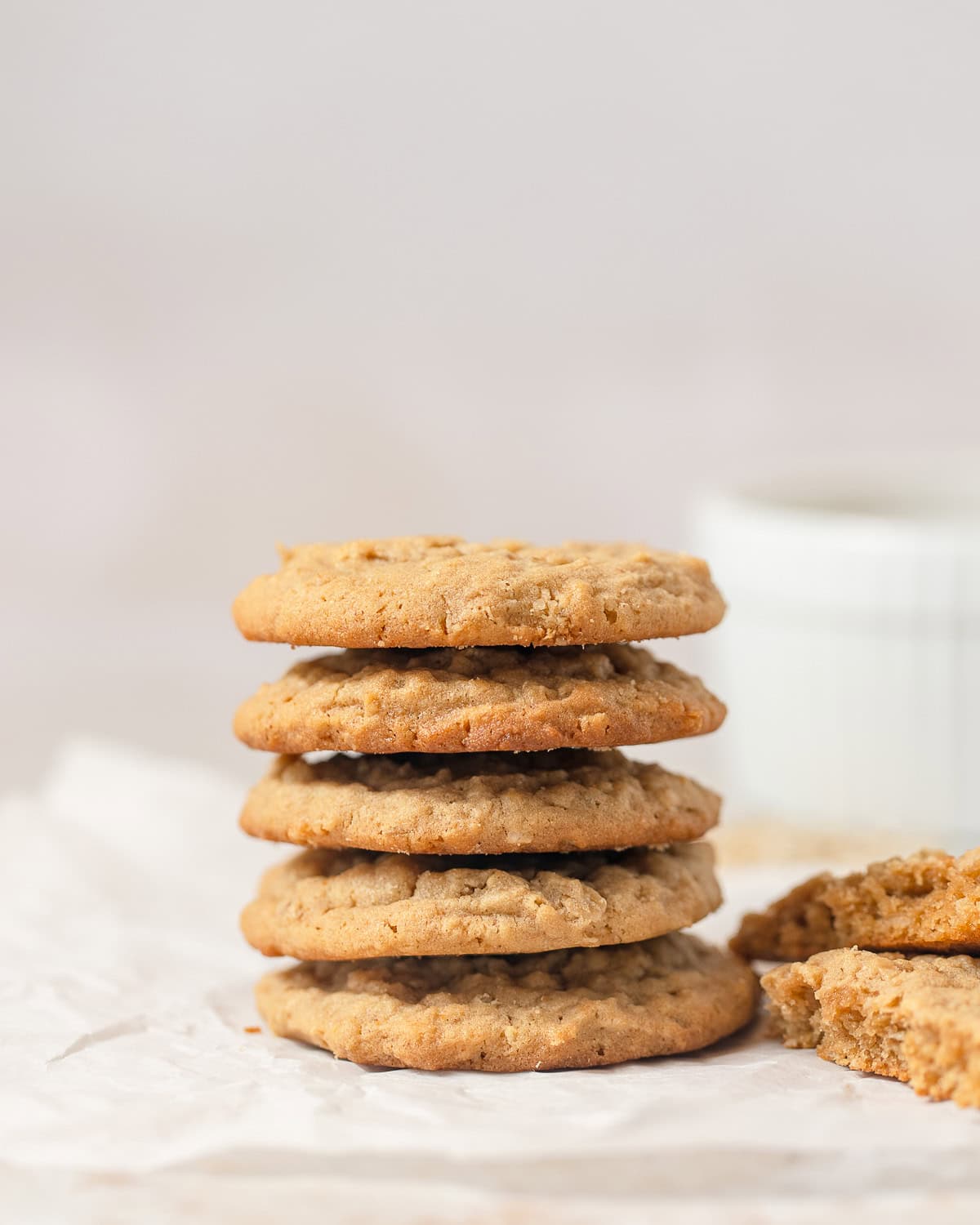 A stack of five peanut butter oatmeal cookies.